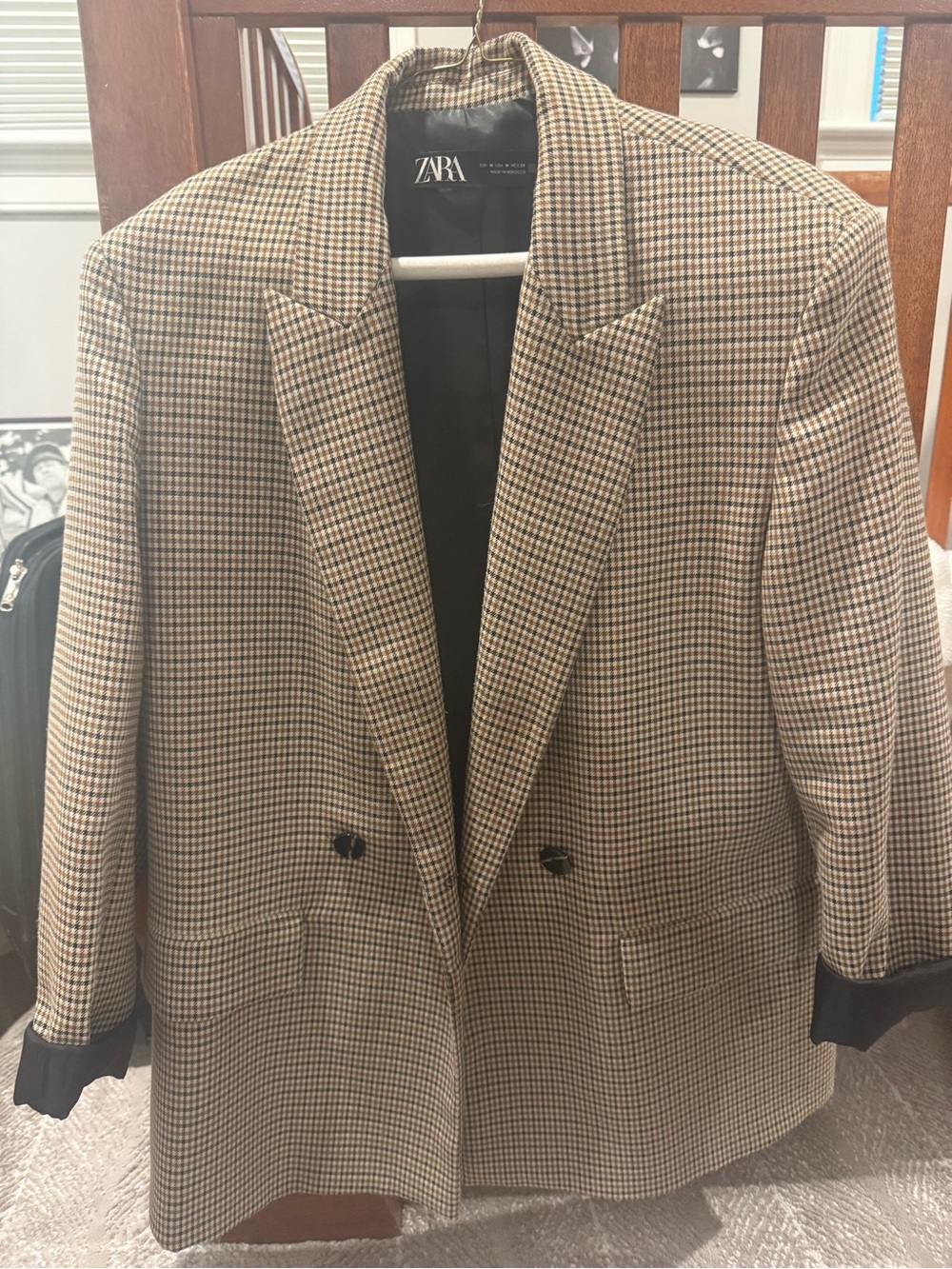 Zara Brown Houndstooth Double-Breasted Blazer